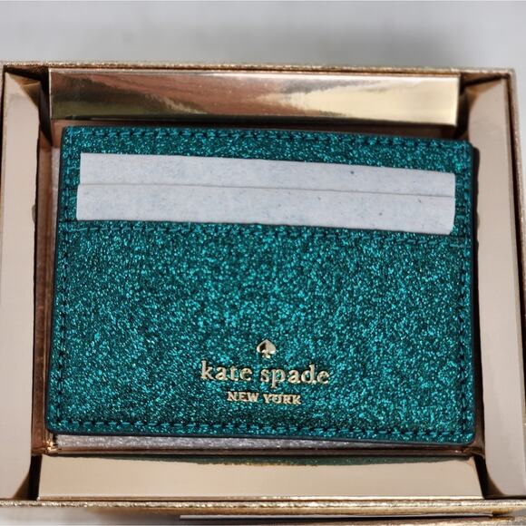 Kate Spade Wallet Credit Cardholder Teal Slim Glitter Box Gift 3 x 4 inches New - Picture 4 of 7